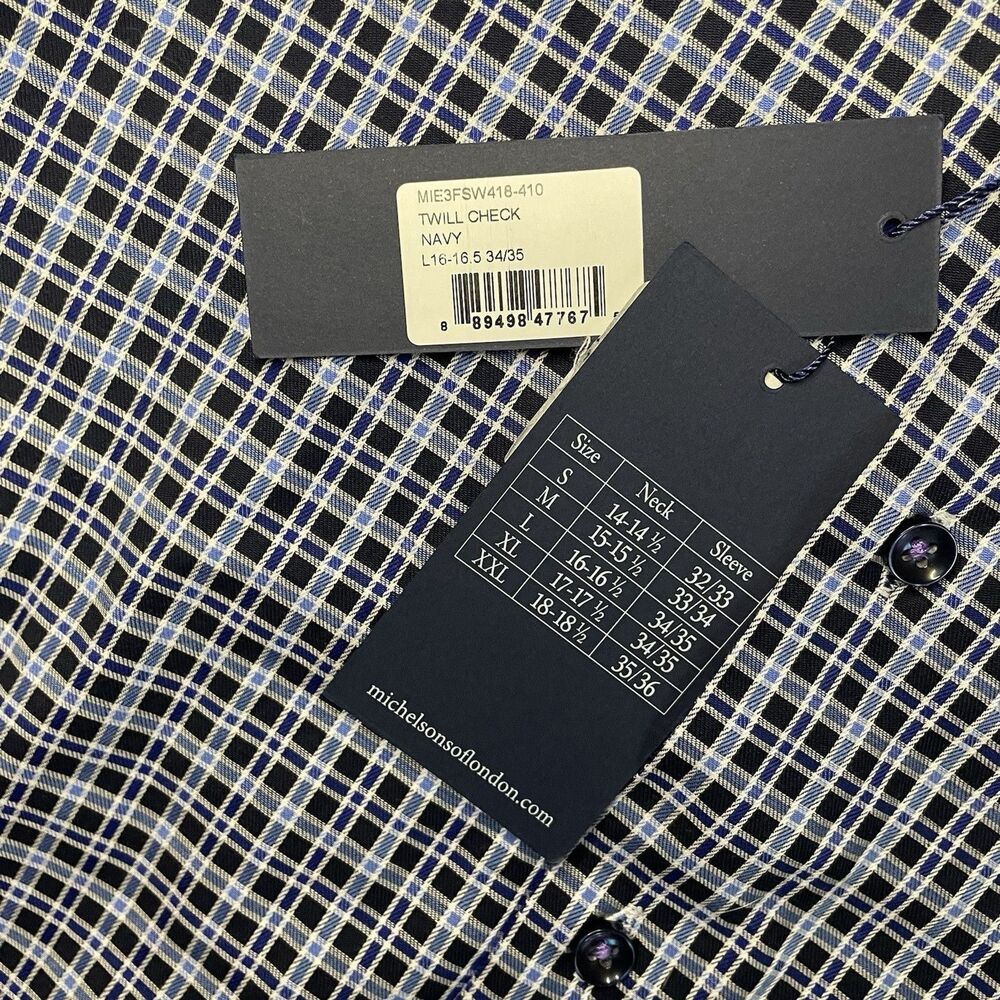 Michelsons London Dress Shirt Men's Large Navy Twill Check Long-Sleeve Contrast - Picture 4 of 11